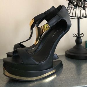 Fierce Black Wedge Heels with Gold Accessories
